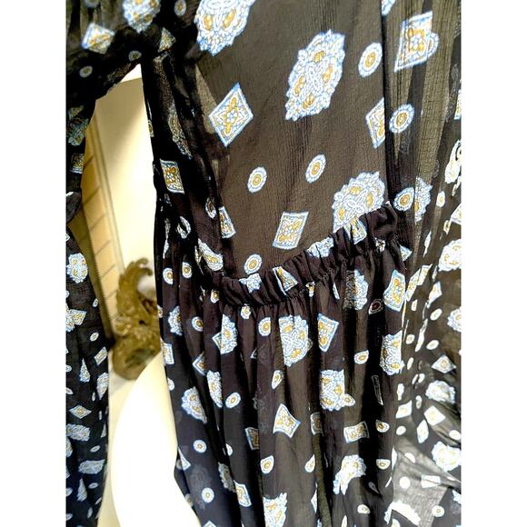 Free People black paisley Sheer Mock Neck Mini Dress flare top sz L Black - Picture 7 of 11